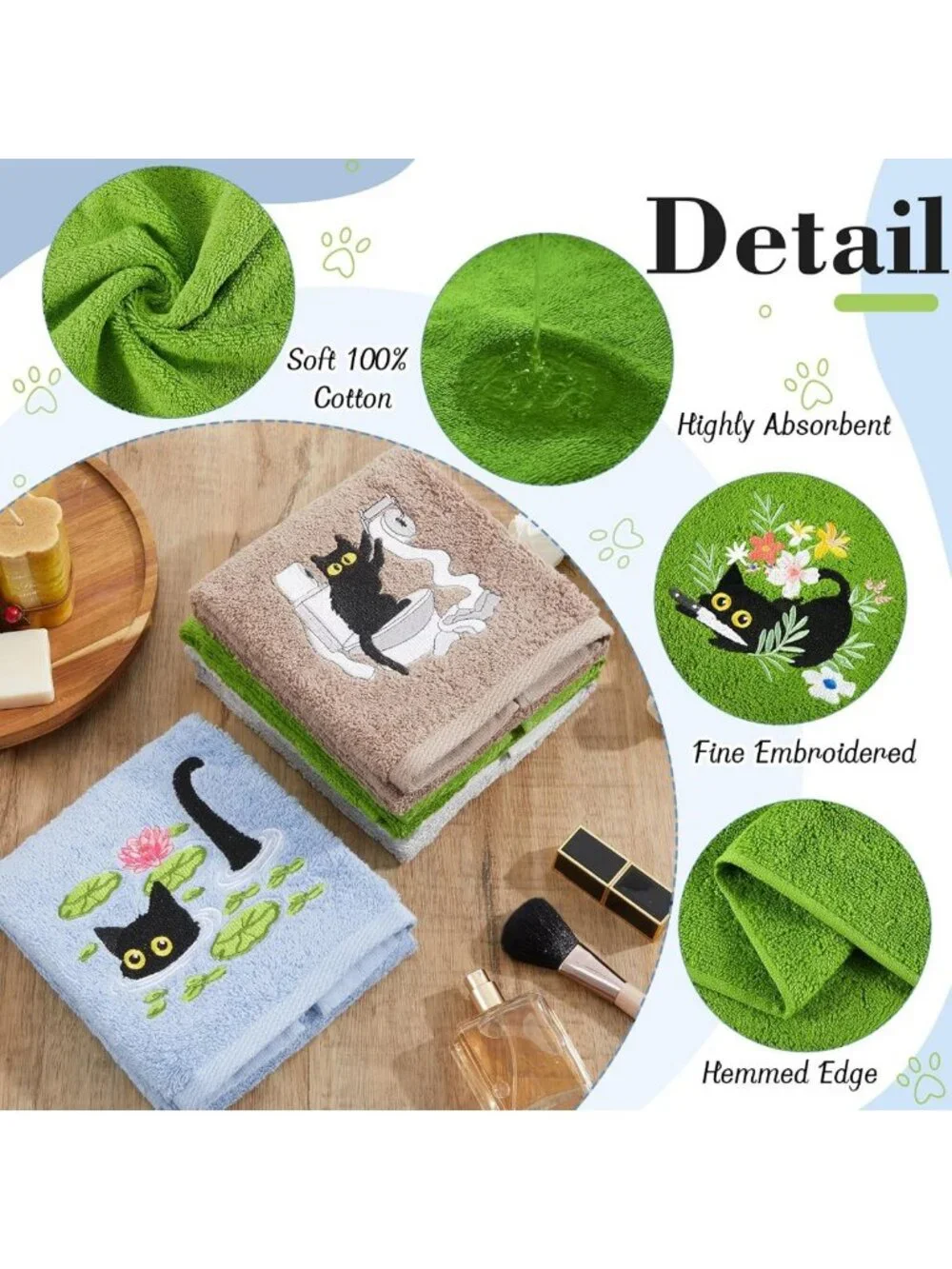 4Pcs Funny Black Cat Hand Towels - Soft Cotton Bathroom Decor & Gift